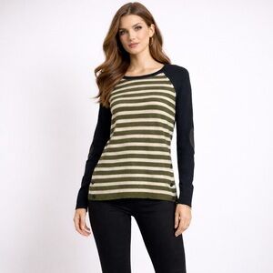 J Crew Womens Stripe Wool Blend Sweater Navy Olive Elbow Patch XS Breathable
